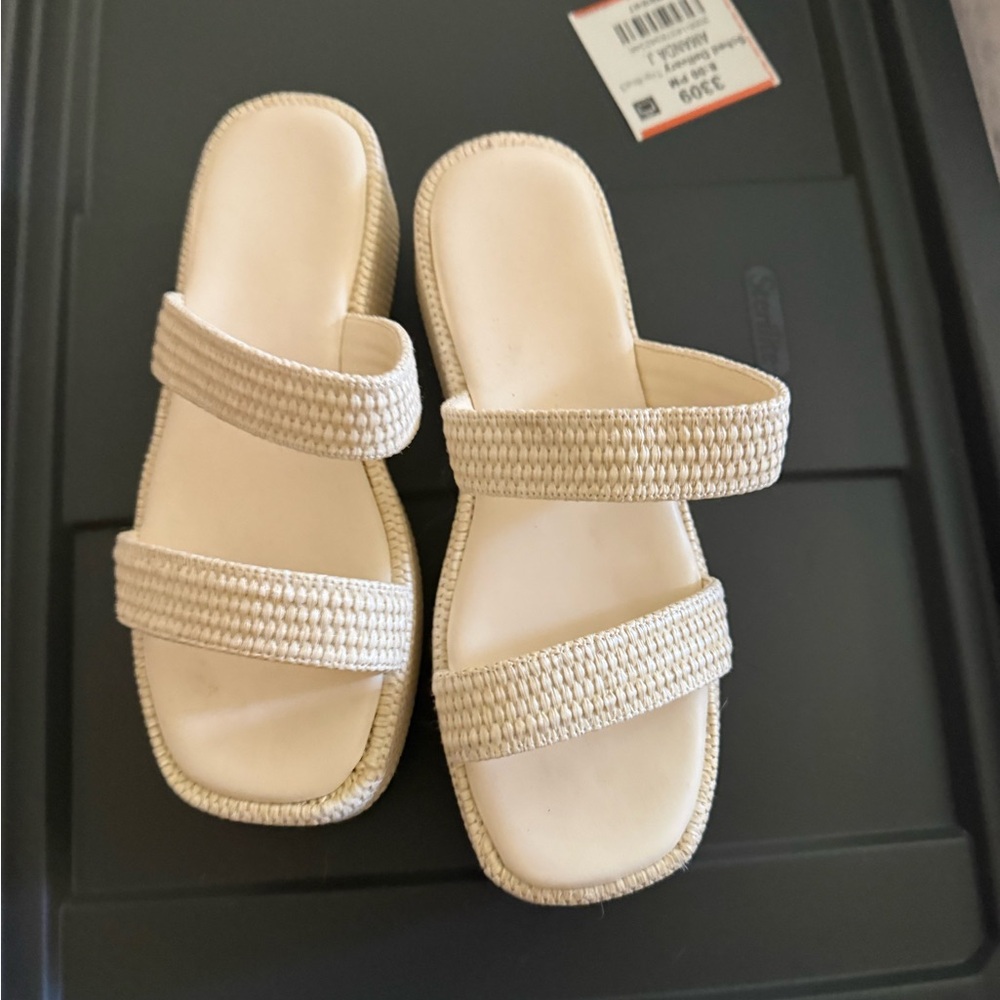 Woven Double-Strap Slide Sandals in Cream